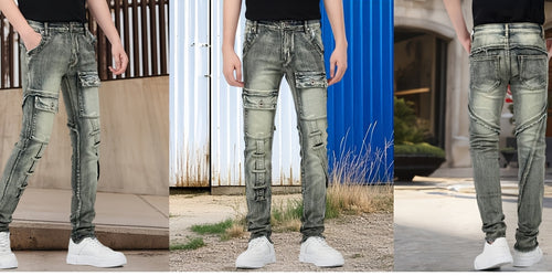 Load image into Gallery viewer, Men  Biker Moto Washed Distressed Slim Fit Straight Jeans Denim
