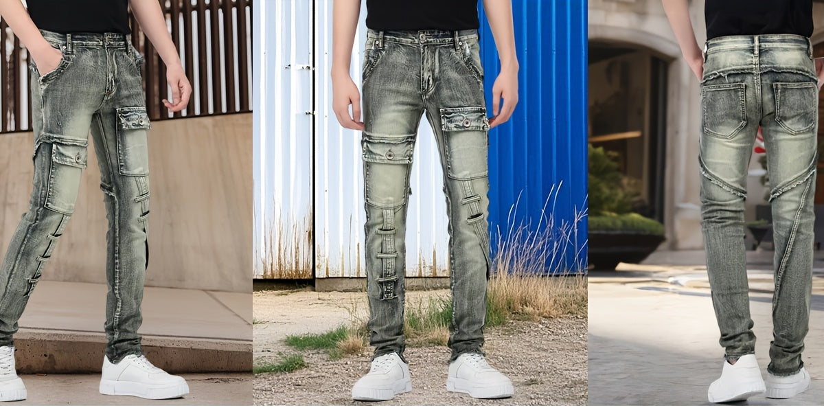 Men  Biker Moto Washed Distressed Slim Fit Straight Jeans Denim