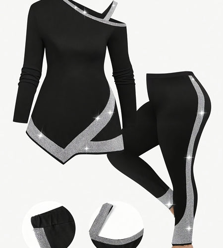 Plus Size High Stretch Solid Color Women's Casual Strapless Long Sleeve Top and Pants Set - Asymmetrical Neck, Polyester