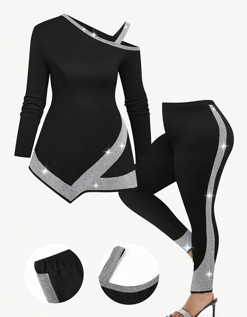 Load image into Gallery viewer, Plus Size High Stretch Solid Color Women&#39;s Casual Strapless Long Sleeve Top and Pants Set - Asymmetrical Neck, Polyester
