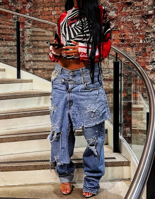 Load image into Gallery viewer, Edgy, Deconstructed Jeans  Women&#39;s 2-in-1 Low Rise Vintage Wash &amp; Asymmetric Distressed Rips - Edgy Streetwear Denim Pants
