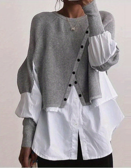 Load image into Gallery viewer, Elegant Two-Piece Sweater Shirt with Puffed Sleeves &amp; Button Front - Long Sleeve Round Neck All-Season Machine Washable Solid Color Outerwear
