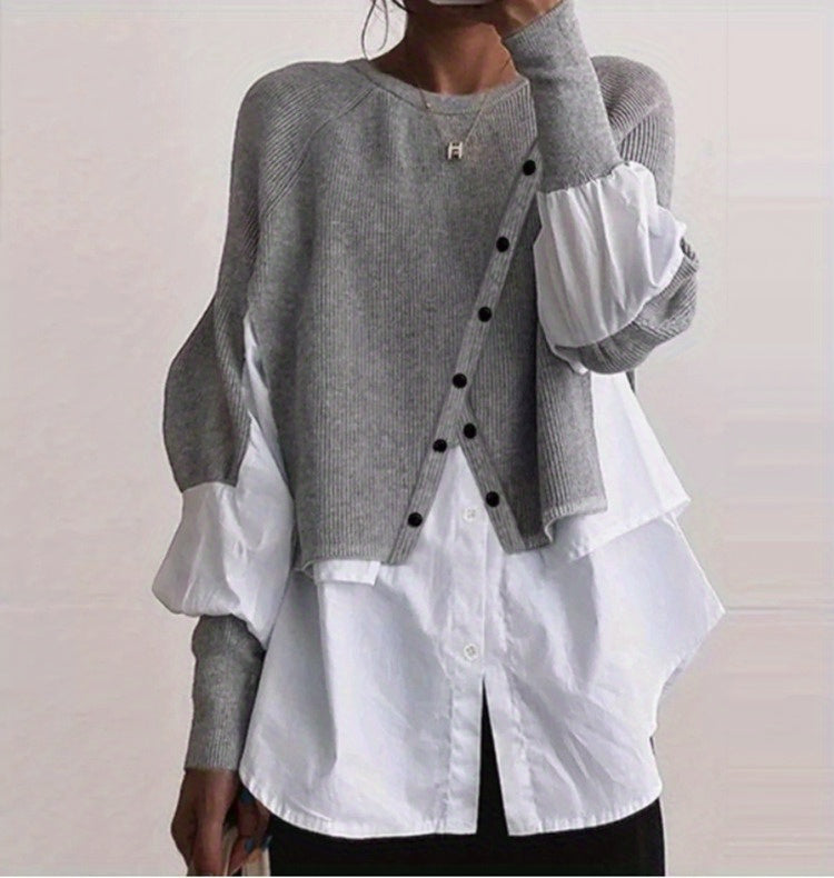 Elegant Two-Piece Sweater Shirt with Puffed Sleeves & Button Front - Long Sleeve Round Neck All-Season Machine Washable Solid Color Outerwear