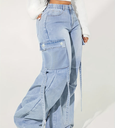 Women High Waist Wide Leg Cargo Jeans | Elastic Waistband, Multi-Pocket Design, Blue Denim Fabric, Y2K Hip-Hop Street Style, All-Season Casual Long Pants