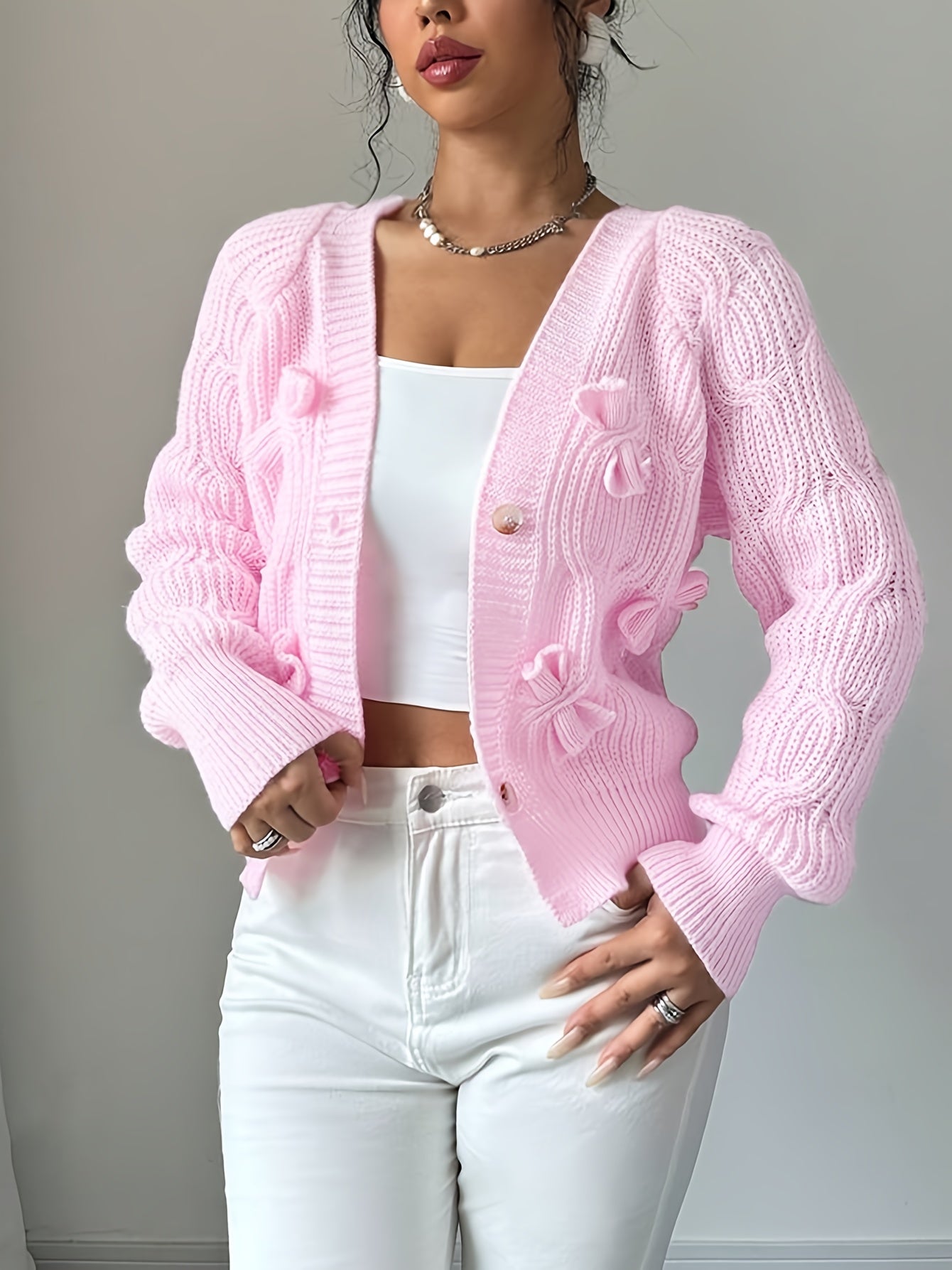 Women's Elegant Soft Pink Sweater Cardigan - Chic V-Open Front Neckline, Long Sleeve Layering Piece for Fall/Winter, Non-Transparent Sweater for Everyday & Formal Outfits, Winter Apparel, Ribbed Texture, Durable Knitwear