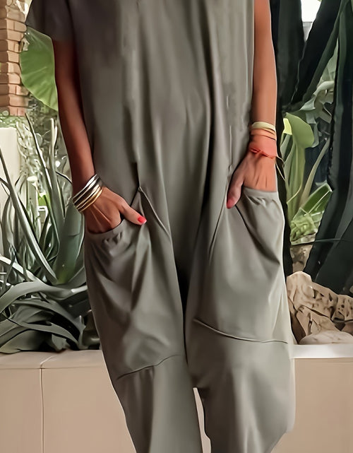 Load image into Gallery viewer, [Polyester Jumpsuit] Lightweight Polyester Women&#39;s Casual V-Neck Short Sleeve Knit Jumpsuit with Pockets - Solid Color Loose Fit One-Piece Loungewear for Spring/Summer, Relaxed Fit Clothing
