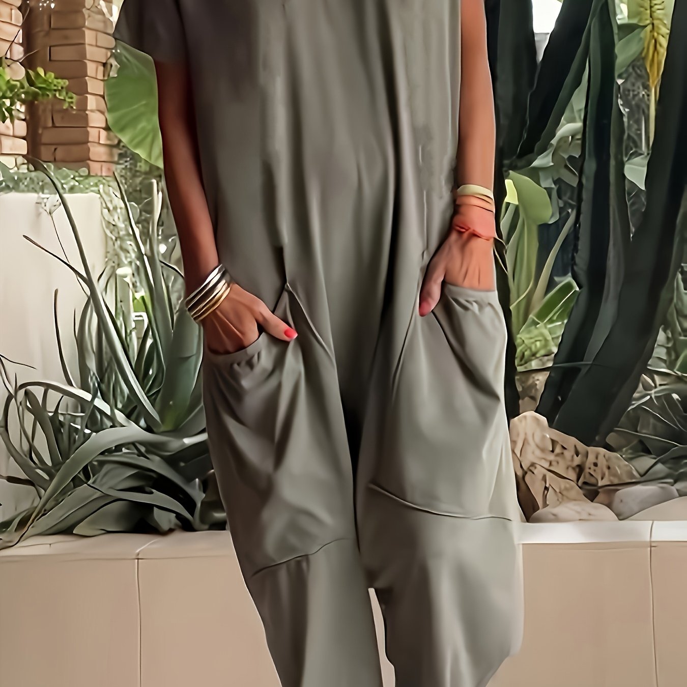 [Polyester Jumpsuit] Lightweight Polyester Women's Casual V-Neck Short Sleeve Knit Jumpsuit with Pockets - Solid Color Loose Fit One-Piece Loungewear for Spring/Summer, Relaxed Fit Clothing