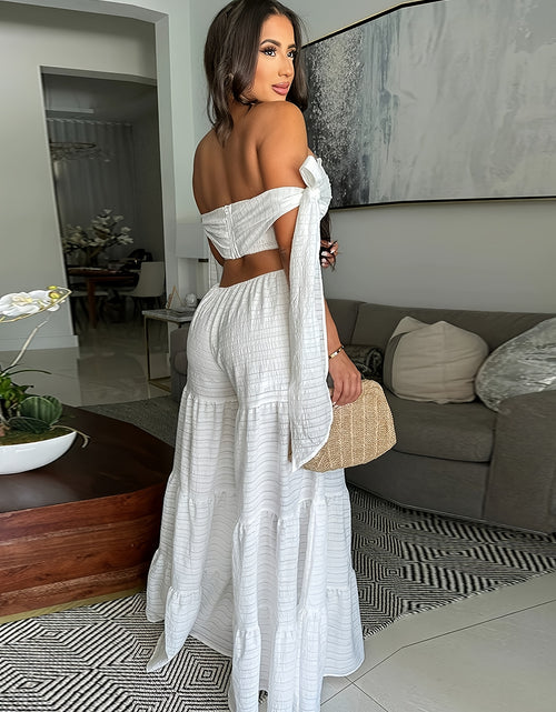 Load image into Gallery viewer, [Elegant Jumpsuit] White Elegant Off-Shoulder Wide-Leg Jumpsuit for Women | Sleeveless, High-Low Hem, Ruffle Detail, Textured Fabric, Perfect for Spring/Summer Parties &amp; Casual Outings
