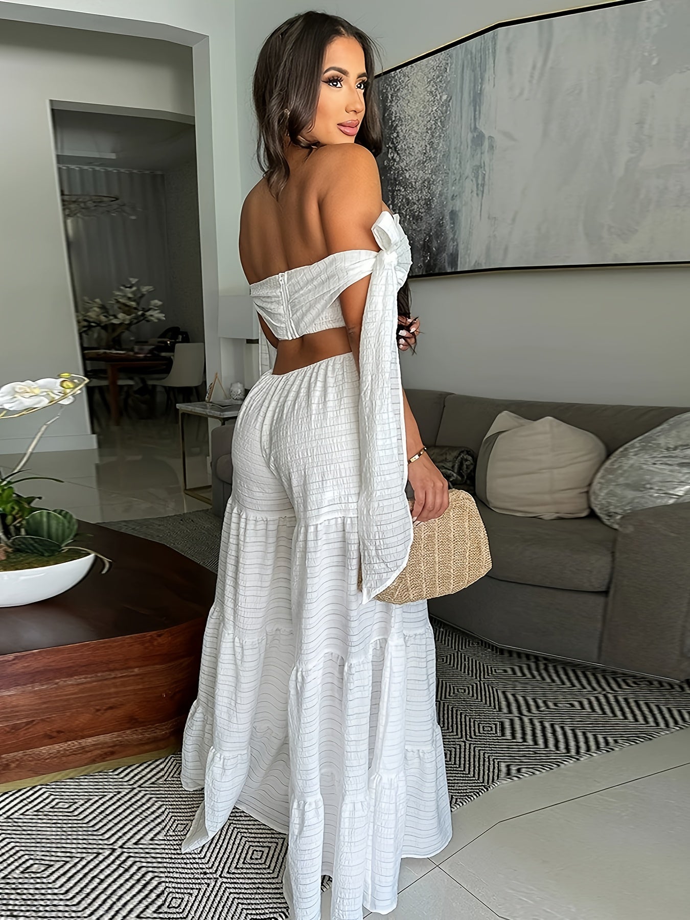 [Elegant Jumpsuit] White Elegant Off-Shoulder Wide-Leg Jumpsuit for Women | Sleeveless, High-Low Hem, Ruffle Detail, Textured Fabric, Perfect for Spring/Summer Parties & Casual Outings