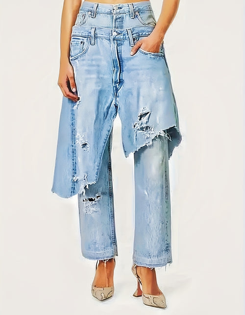 Load image into Gallery viewer, Edgy, Deconstructed Jeans  Women&#39;s 2-in-1 Low Rise Vintage Wash &amp; Asymmetric Distressed Rips - Edgy Streetwear Denim Pants
