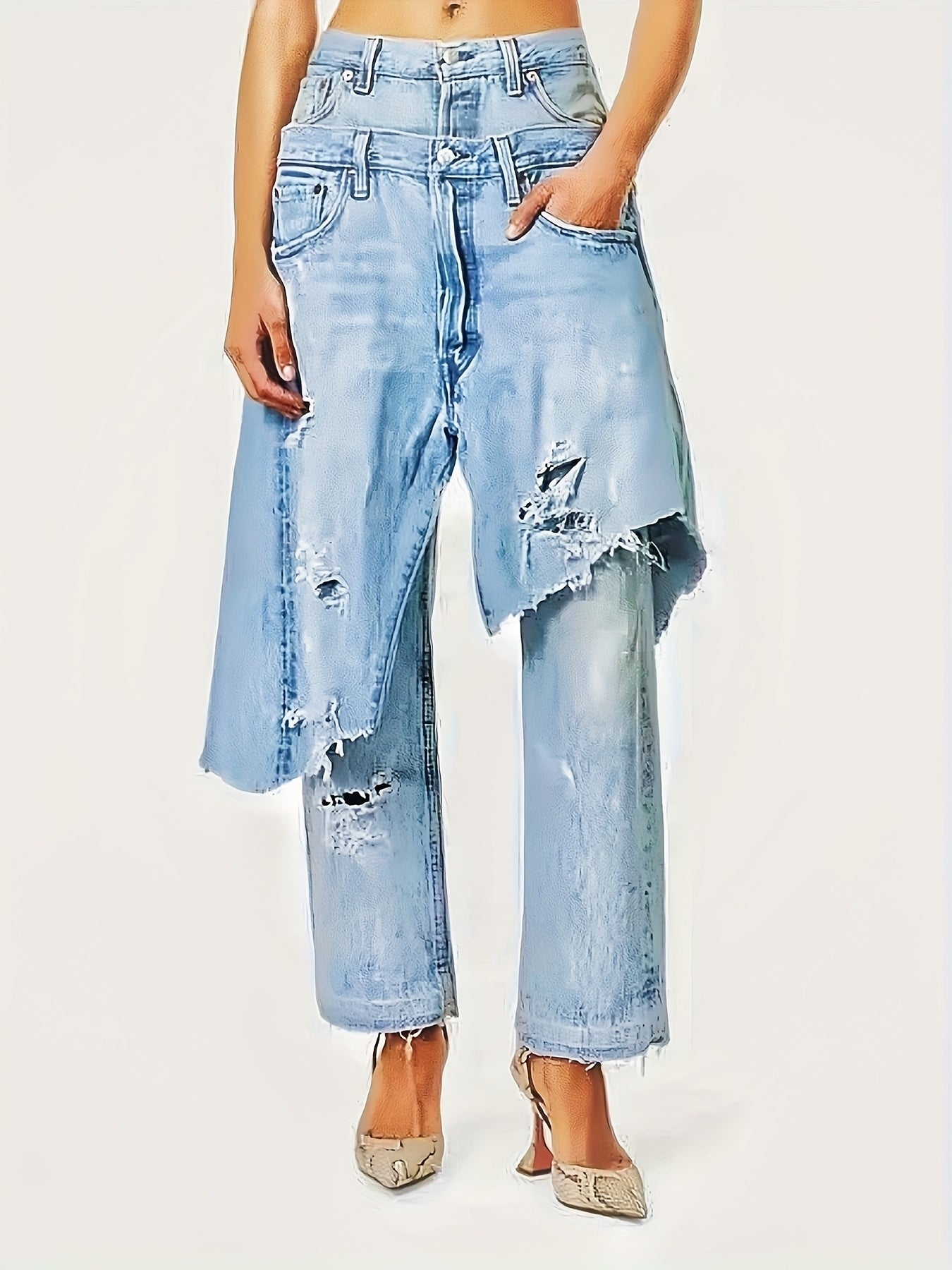 Edgy, Deconstructed Jeans  Women's 2-in-1 Low Rise Vintage Wash & Asymmetric Distressed Rips - Edgy Streetwear Denim Pants