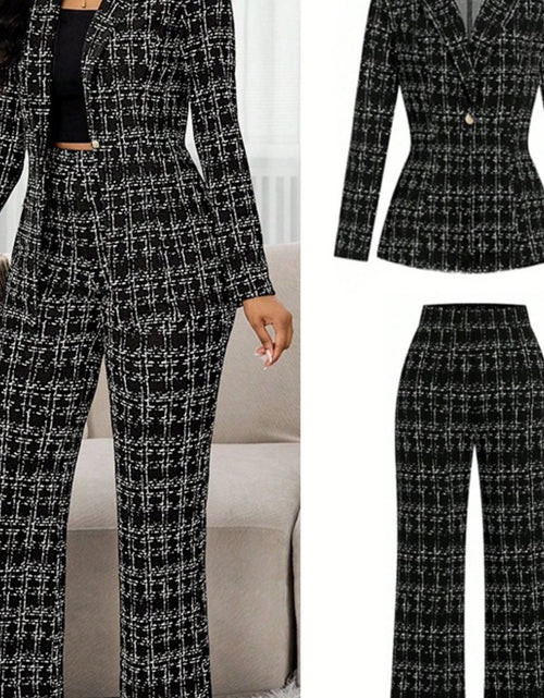 Load image into Gallery viewer, 2pcs Women&#39;s Black &amp; White Plaid Suit Jacket and Wide-Leg Pants - Collar Button-Front Coat, Hand Washable Winter Attire
