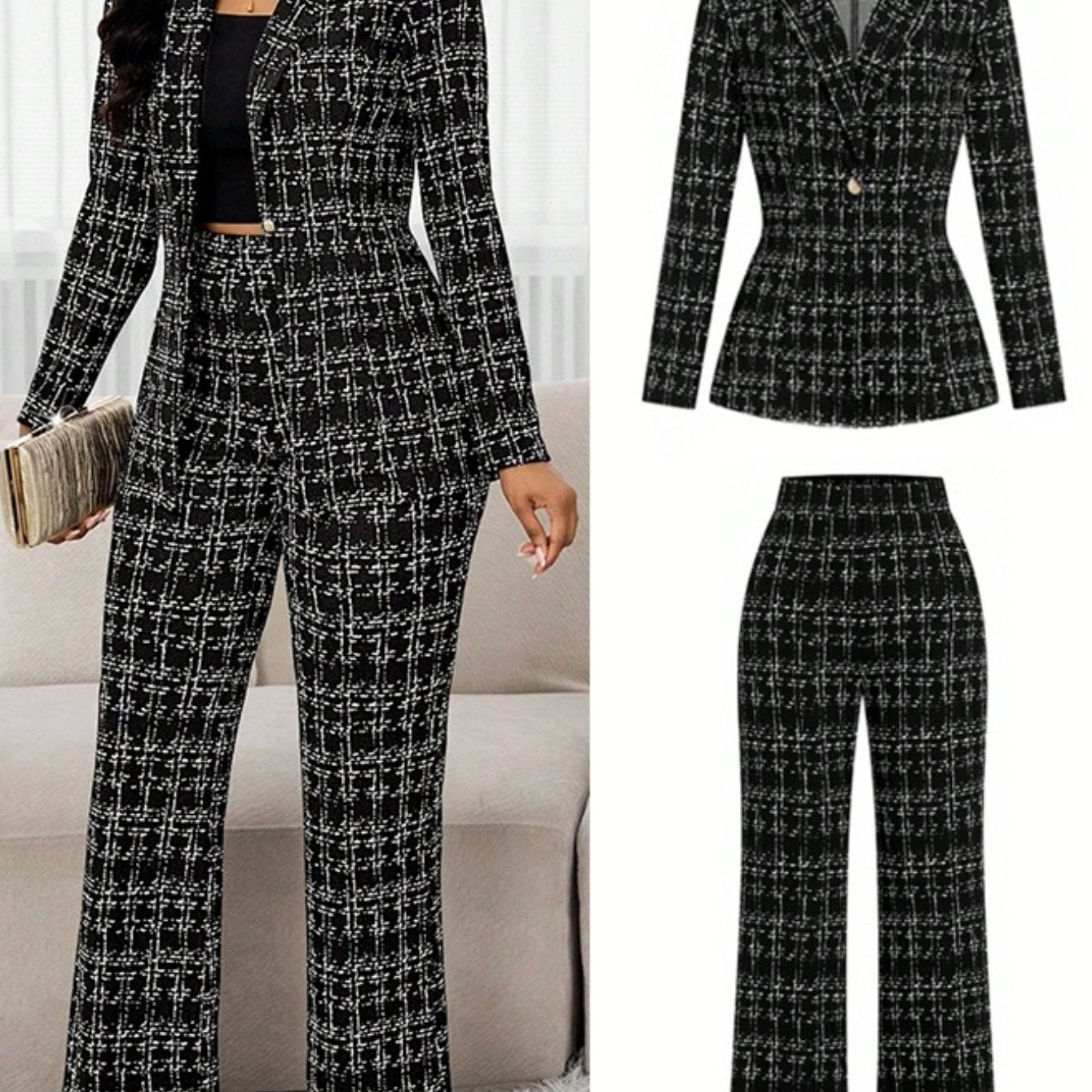2pcs Women's Black & White Plaid Suit Jacket and Wide-Leg Pants - Collar Button-Front Coat, Hand Washable Winter Attire