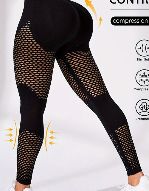 Load image into Gallery viewer, High-Waist Breathable Compression Yoga Pants - Women&#39;s Mesh Panel, Tummy Control, Knitted Fabric, Hollow Design, Solid Color
