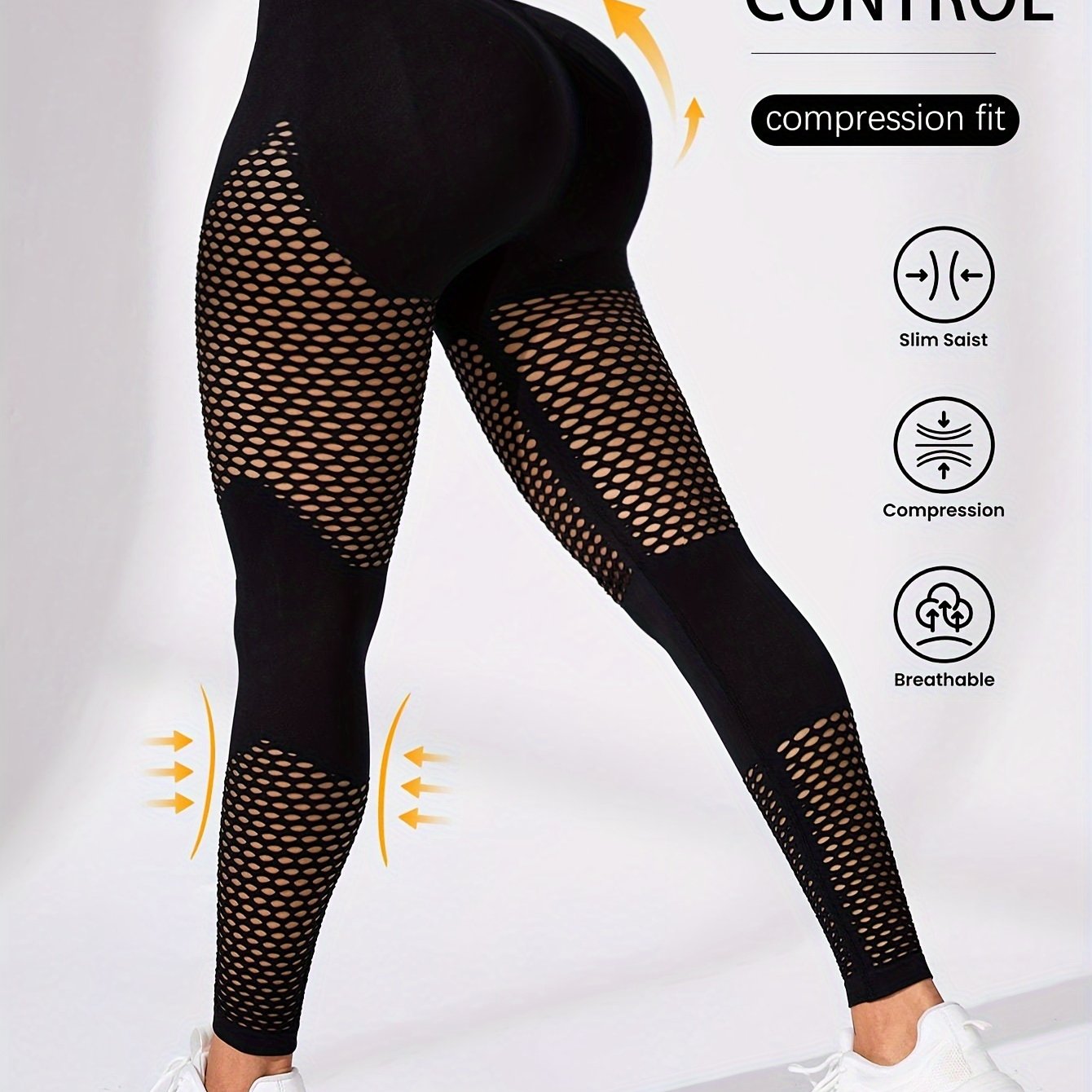 High-Waist Breathable Compression Yoga Pants - Women's Mesh Panel, Tummy Control, Knitted Fabric, Hollow Design, Solid Color