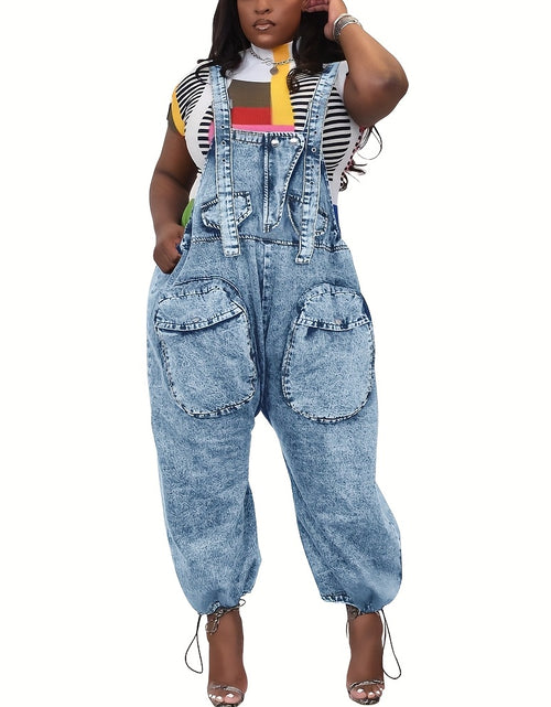Load image into Gallery viewer, Women&#39;s High-Waisted Bib Denim Overalls Jumpsuit - Loose Wide-Leg Jeans with Cargo Pockets, Adjustable Straps &amp; Metal Buckles, 98% Cotton, Machine Washable for Casual Streetwear
