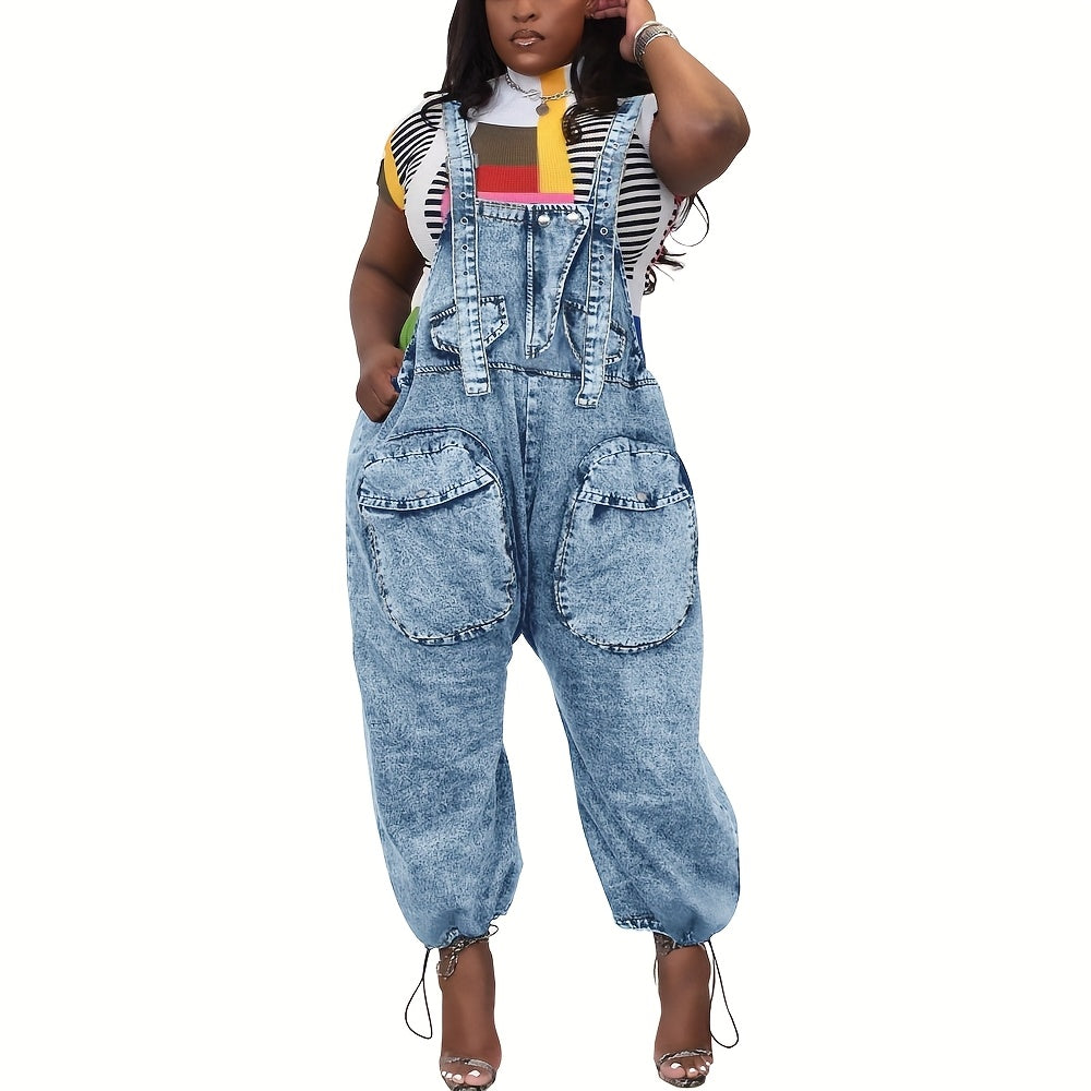 Women's High-Waisted Bib Denim Overalls Jumpsuit - Loose Wide-Leg Jeans with Cargo Pockets, Adjustable Straps & Metal Buckles, 98% Cotton, Machine Washable for Casual Streetwear