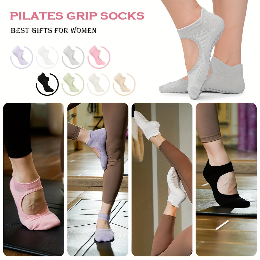 [2 Pairs Grippy Pilates Socks] 2 Pairs Non-Slip Grippy Pilates Socks for Women | Open Top Yoga Socks, Breathable Athletic Socks for Workout, Barre, Dance - Barre Accessory