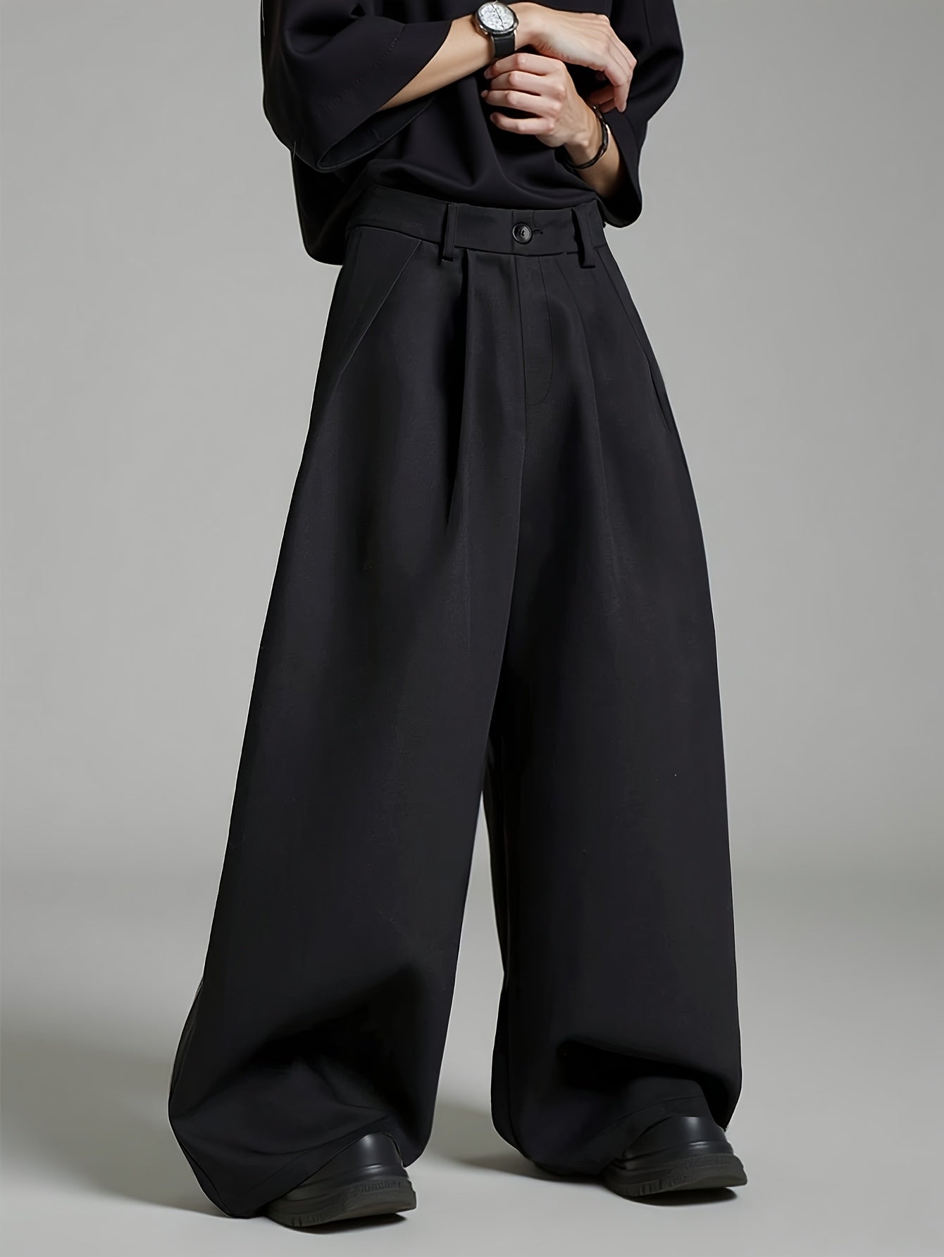 Men Loose Silhouette Solid Color With Pockets Pleated Pants Super Loose Pants Simple, Wide Leg Pants , Solid Color Pants - Elegant Wide Leg Pants