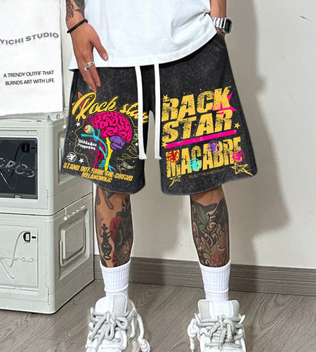 Men's Rockstar Graphic Print Cotton Shorts - 100% Washed Cotton, Breathable & Comfortable Casual Summer Wear with Pockets, Vibrant "ROCK STAR MAGAZINE" Design