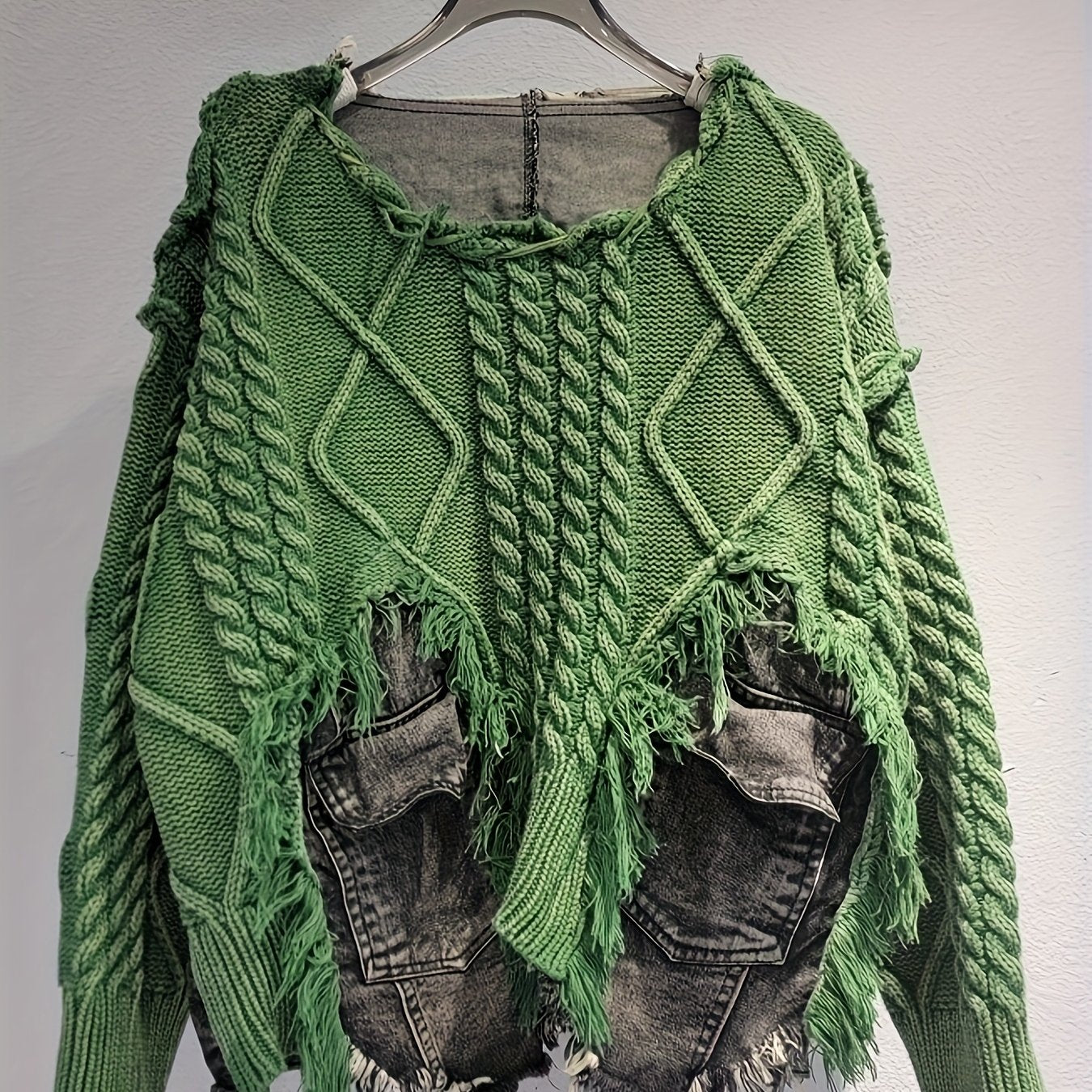 Trendy Braided Patchwork Denim Crewneck Long-Sleeve Cropped Sweater for Women, Fall/ Winter 2025