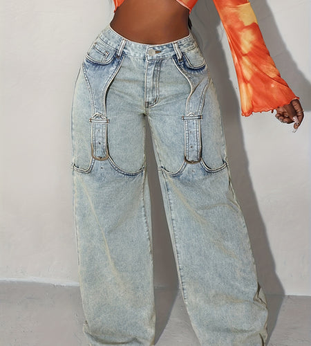 Women Vintage Cargo Jeans - Slim Fit High-Quality Denim with Multiple Pockets, Button Details & Built-In Zipper Closure, Machine Washable All-Season Casual Pants, Casual Attire, Relaxed Fit Pants, Durable Denim Fabric, Functi