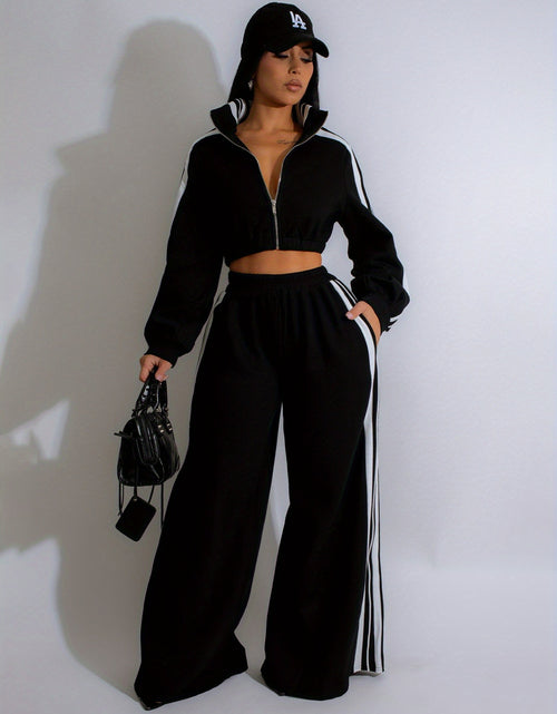 Load image into Gallery viewer, Autumn striped long-sleeved two-piece set - contrasting color zipper thickened sweatshirt casual solid color striped side trim, elastic short top, comfortable straight-leg pants
