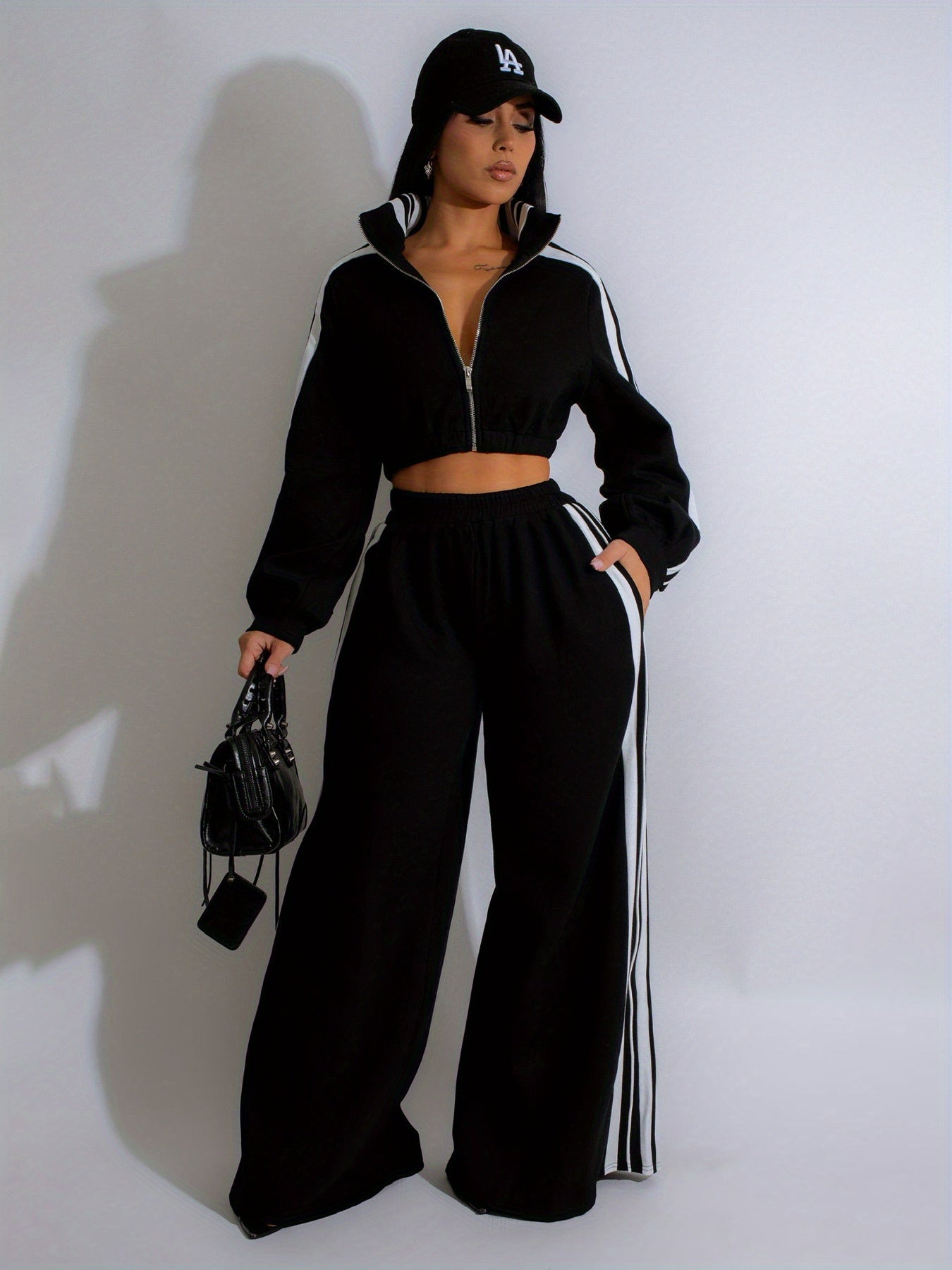 Autumn striped long-sleeved two-piece set - contrasting color zipper thickened sweatshirt casual solid color striped side trim, elastic short top, comfortable straight-leg pants