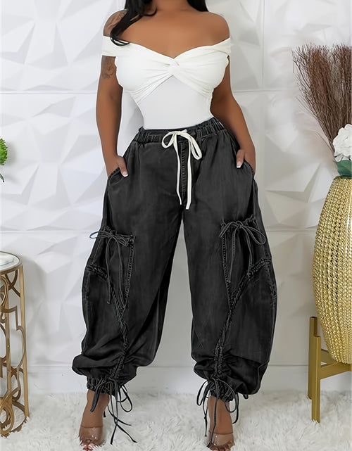 Load image into Gallery viewer, Women Baggy Denim Harem Pants - Elastic Drawstring Waist Wide Leg Jeans With Bow Tie &amp; Pockets  (Vintage Distressed Wash)
