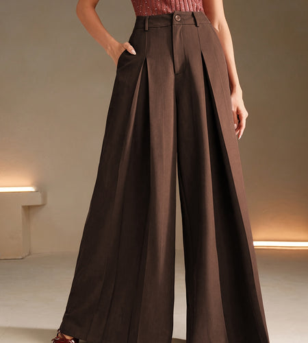 Solid Color - Wide-Leg Pants - Women's Simple Elegant Wide Leg Pants
