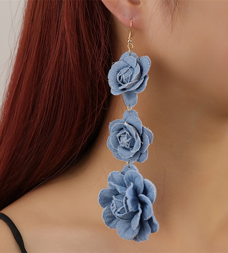 Vibrant Bohemian Rose Drop Earrings - Dazzling Polyester Fabric Flowers, Hypoallergenic Stainless Steel Hooks, No Plating, Ultra-Lightweight Long Tassel Design for Women