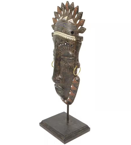 6 In. X 22 In. Brown Polystone Primitive African Mask Sculpture