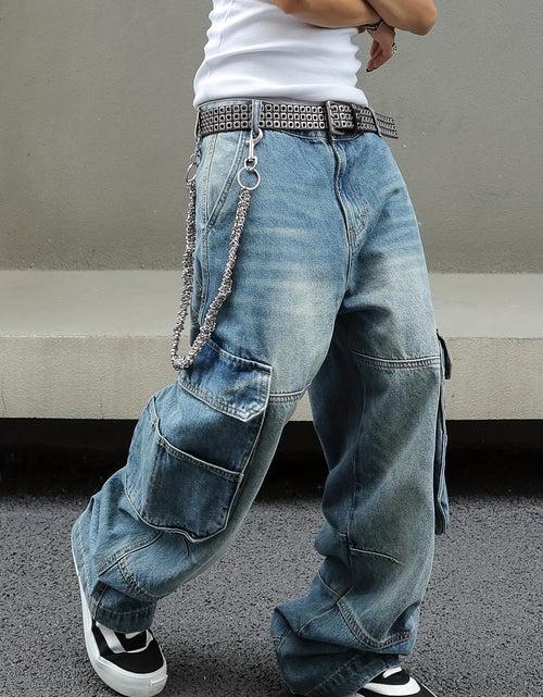 Load image into Gallery viewer, Men Vintage Washed Denim Cargo Pants - Loose Fit Wide-Leg Jeans with Multi-Pocket Storage, Distressed Details, Mid-Rise Design for Streetwear Style, Casual Outings, and All-Season Wear, Casual Attire, Flap Pockets

