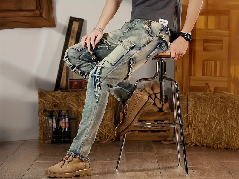 Men  Biker Moto Washed Distressed Slim Fit Straight Jeans Denim