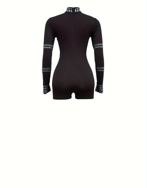 Load image into Gallery viewer, Rhinestone Mock Neck Romper Jumpsuit, Elegant Long Sleeve Romper Jumpsuit, Women&#39;s Clothing
