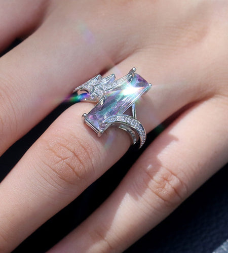 925 Silver Plated Rainbow Square Topaz Ring for Women - Elegant, Stylish, Perfect for Banquet Party Jewelry Gifts