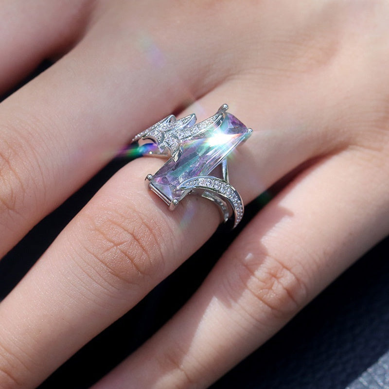 925 Silver Plated Rainbow Square Topaz Ring for Women - Elegant, Stylish, Perfect for Banquet Party Jewelry Gifts