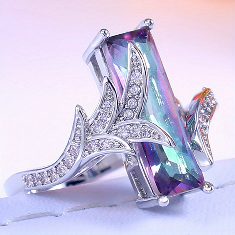 925 Silver Plated Rainbow Square Topaz Ring for Women - Elegant, Stylish, Perfect for Banquet Party Jewelry Gifts