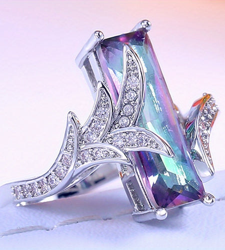 925 Silver Plated Rainbow Square Topaz Ring for Women - Elegant, Stylish, Perfect for Banquet Party Jewelry Gifts