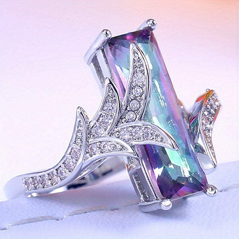 925 Silver Plated Rainbow Square Topaz Ring for Women - Elegant, Stylish, Perfect for Banquet Party Jewelry Gifts
