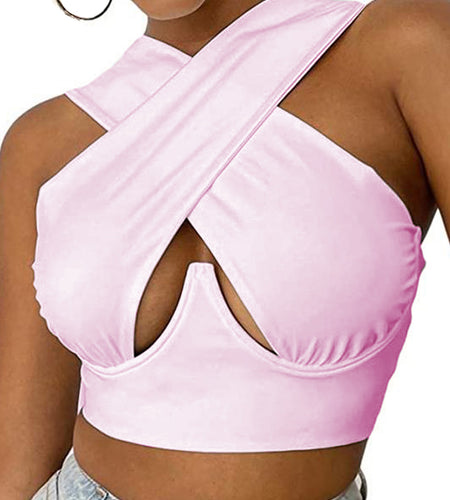 Slim Fit Sleeveless Summer Vest - Women Cropped Tops, Solid Color Hollow Out Crossed Design