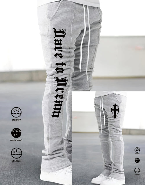 Load image into Gallery viewer, Men&#39;s Stylish Black Flared Pants with White Letter Print - Slim Fit, Anti-Wrinkle, Drawstring Waist, Casual &amp; Hip Hop Joggers for Spring

