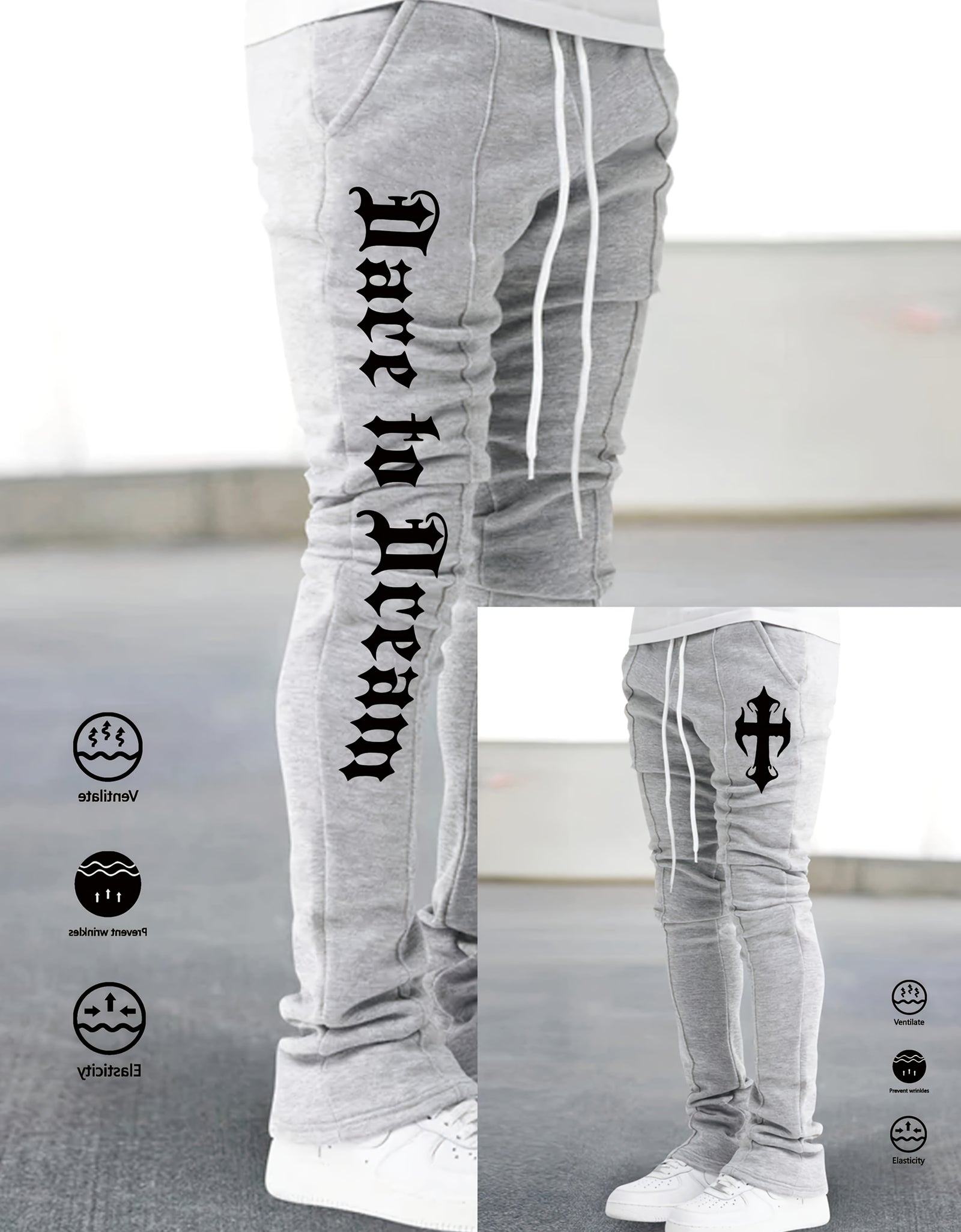 Men's Stylish Black Flared Pants with White Letter Print - Slim Fit, Anti-Wrinkle, Drawstring Waist, Casual & Hip Hop Joggers for Spring