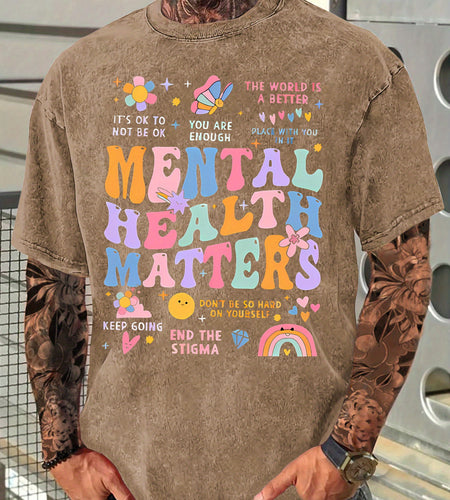 Vibrant Graphic Print Crew Neck T-Shirt - Men's Fashion Casual Short Sleeve Cotton Tee  Washed Aged Cotton, Relaxed Fit for Everyday Wear