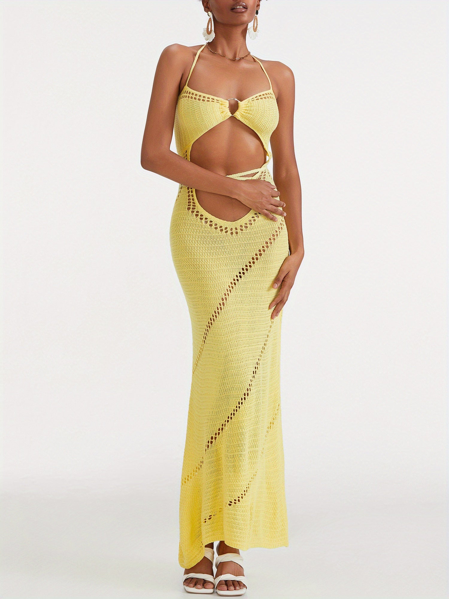Women Sleeveless Knit Long Dress Solid Color Halter Front Cutout Back Tie-Up Slim Dress