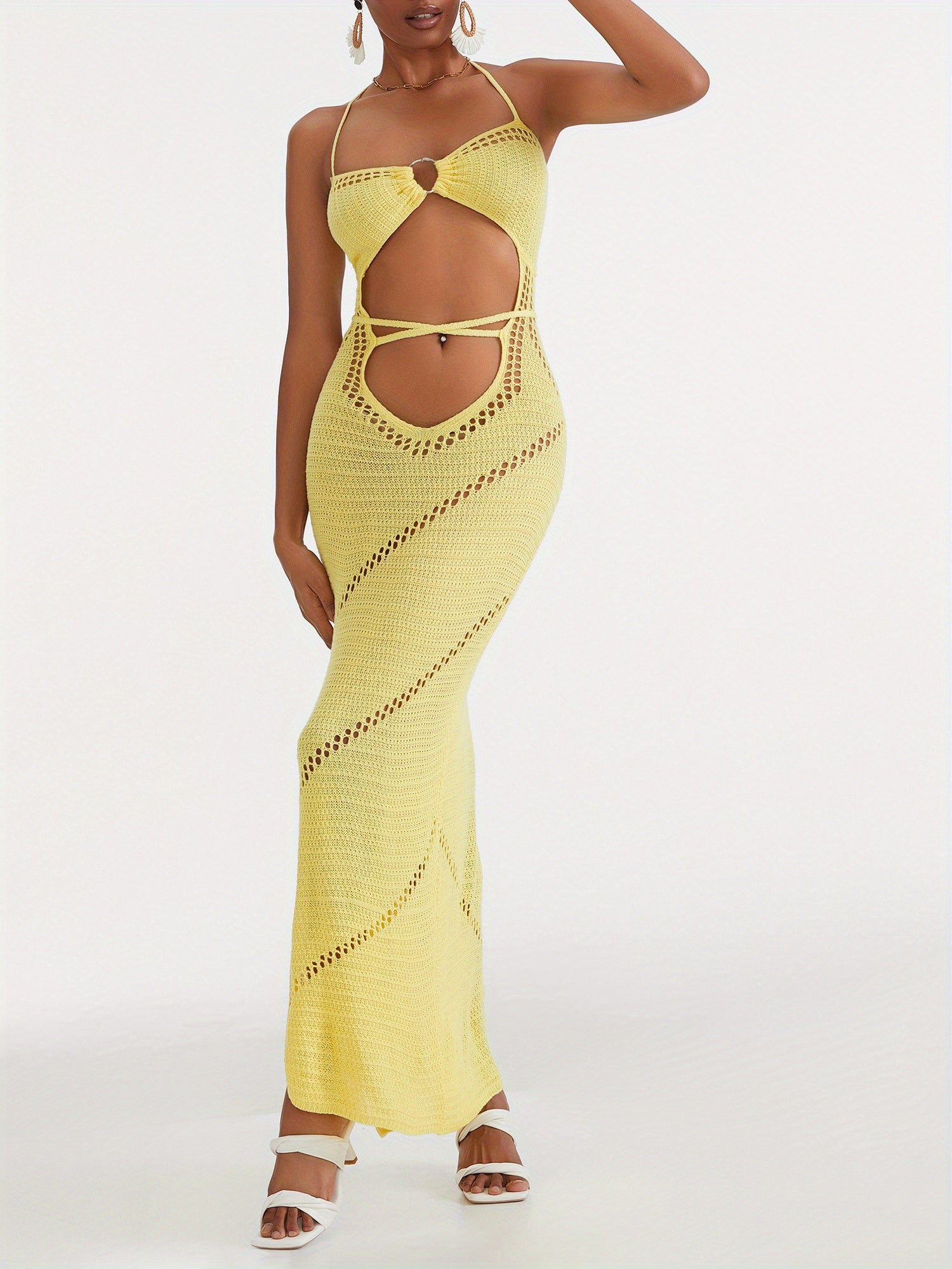 Women Sleeveless Knit Long Dress Solid Color Halter Front Cutout Back Tie-Up Slim Dress