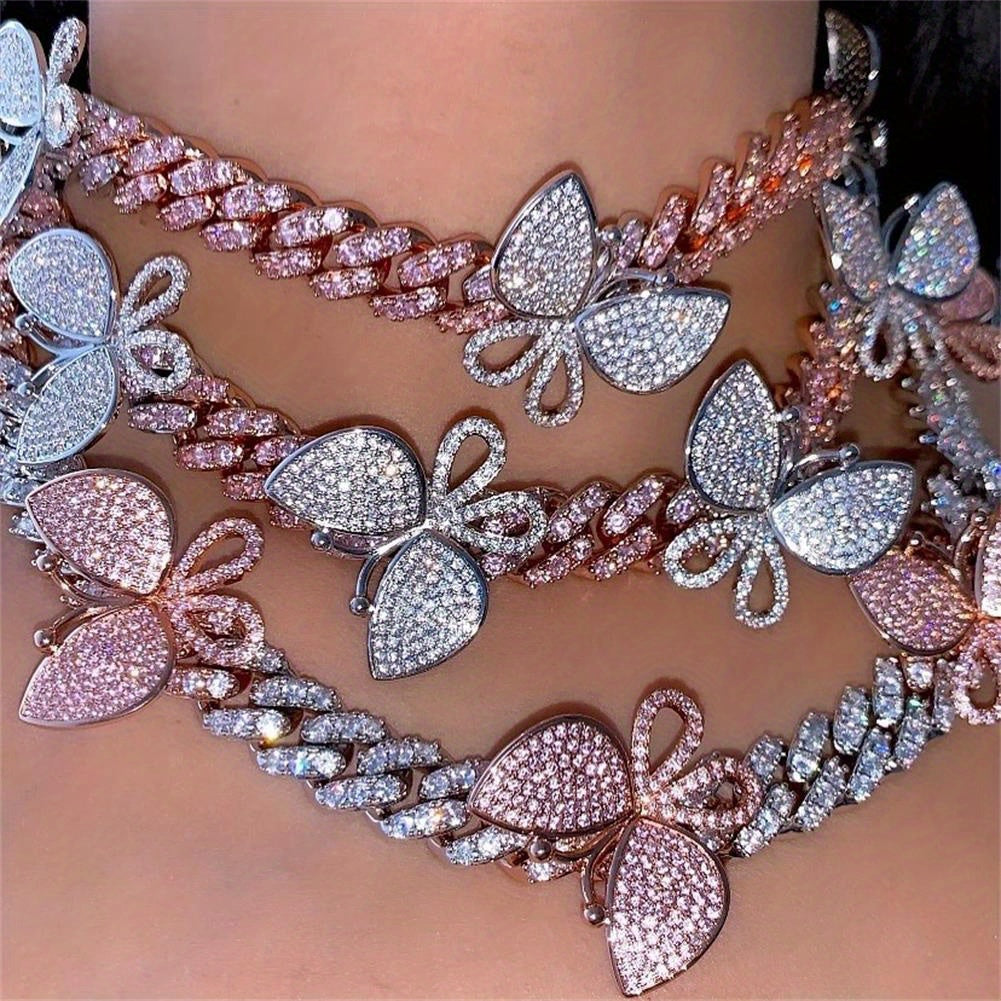 Hip Hop Micro-Inlaid Butterfly Cuban Necklace Men's And Women's Same Clavicle Chain Popular