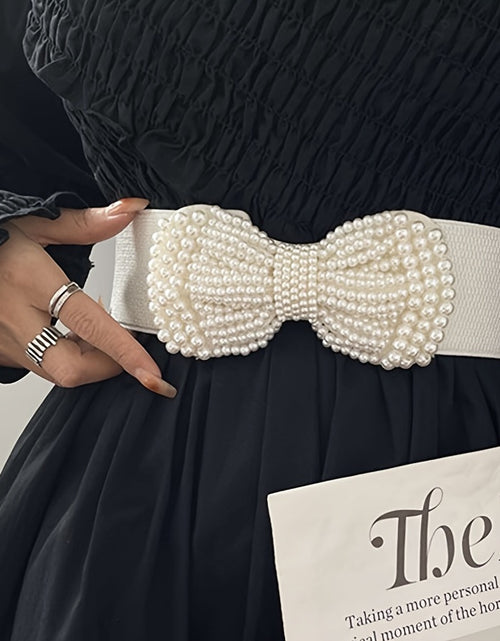 Load image into Gallery viewer, Elegant Wide Imitation Pearl Bow Solid Colored Elastic Waistband Classic Coat Dress Belt for Women
