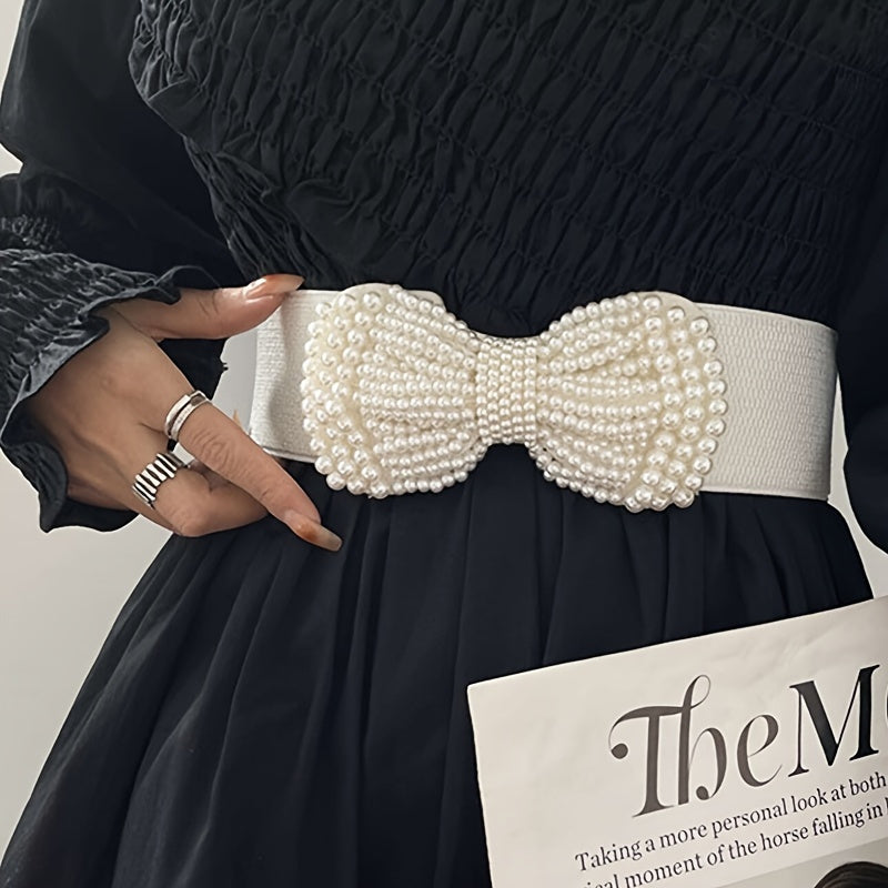 Elegant Wide Imitation Pearl Bow Solid Colored Elastic Waistband Classic Coat Dress Belt for Women