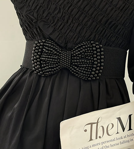 Elegant Wide Imitation Pearl Bow Solid Colored Elastic Waistband Classic Coat Dress Belt for Women